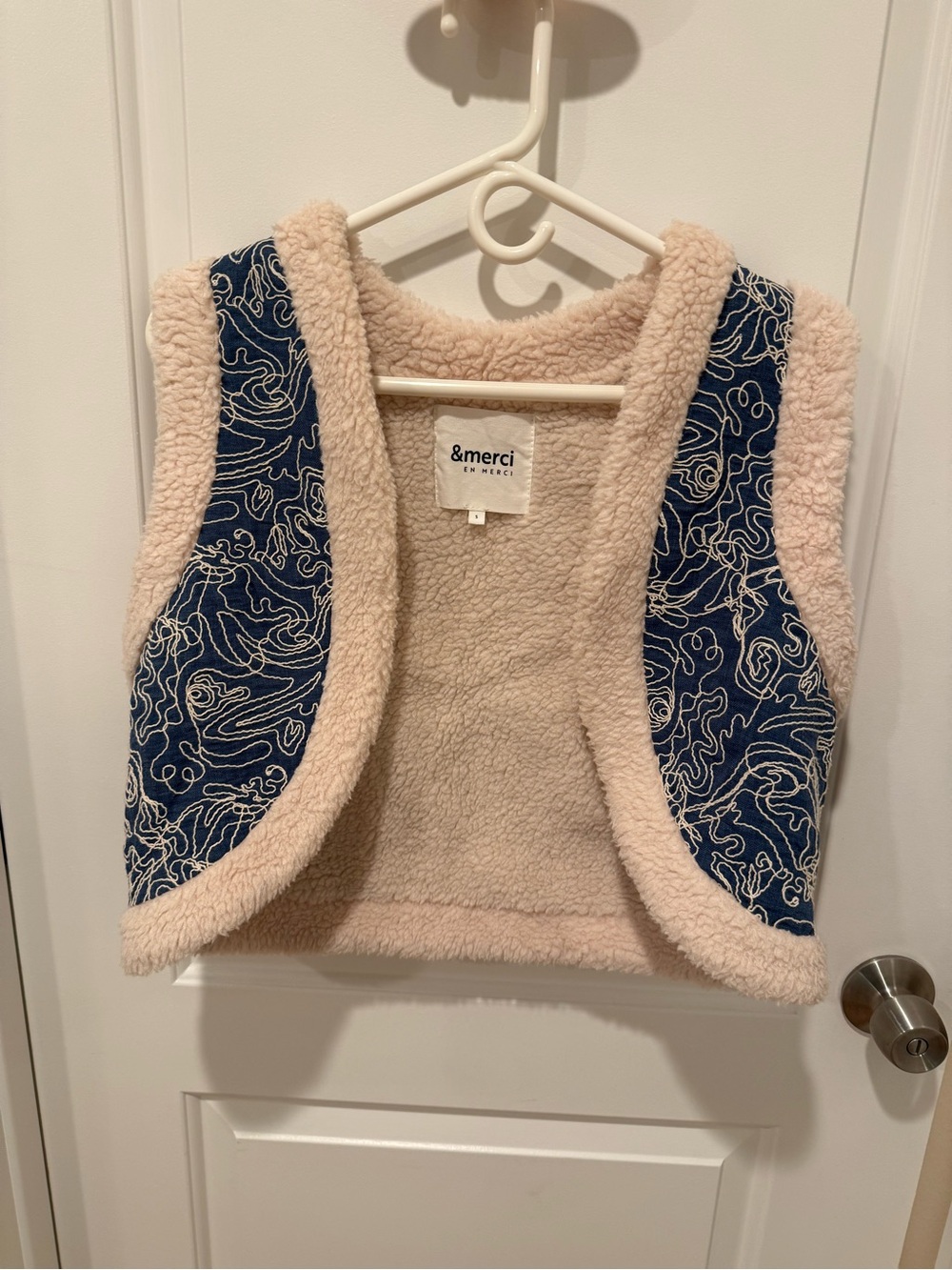 Women’s Cream Sherpa Vest with Navy Patterned Panels